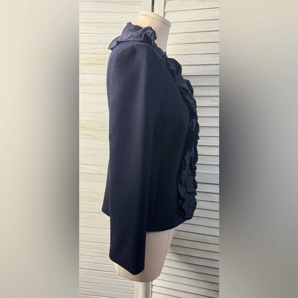 J.Crew Navy Ruffle Blazer Size 0 Feminine Statement Career Jacket Preppy Chic